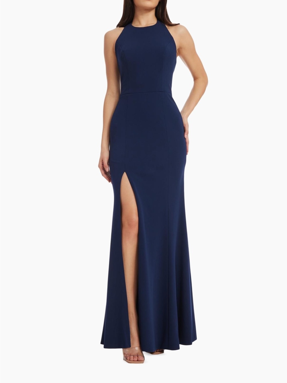 Dress the Population Navy Backless Halter Gown